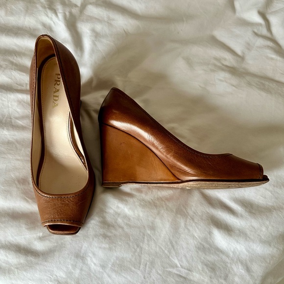 Prada Women's Tan Peep-Toe Wedges - Picture 2 of 8